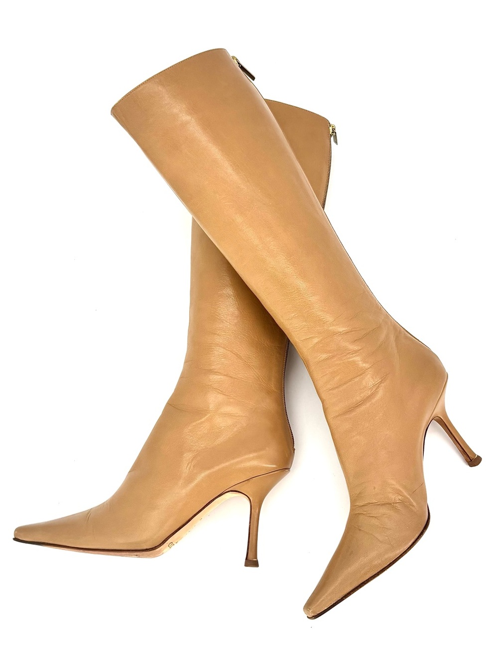 Jimmy Choo Retro Vintage Camel Knee High Back Heel Zip Up Pointed Toe Boots 38 - Picture 6 of 8